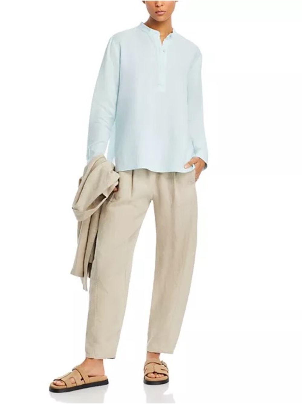 Eileen Fisher
Linen Band Collar Henley Top Tunic In Frost Blue Organic Linen